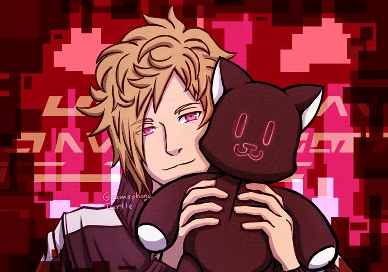 Digital art of Hazuki Mikagi holding a special Mr. Mew from NEO The World Ends With You. This Mr. Mew has a cat like smile but the white eyes and mouth have been replaced by black eyes with white outlines that glow red. The background is an abstract city like form make out of squares and rectangles. There are also 3 rows of yellow barcode like shapes in the background.