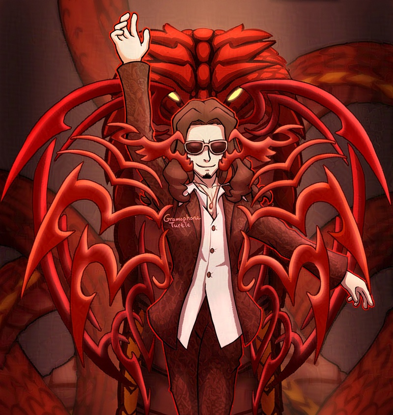 Digital art of Megumi Kitaniji from The World Ends With You with an arm raised up high. His serpent Noise form is behind him and the graffiti-skeletal parts of his Noise form appear around Megumi like they are wings.