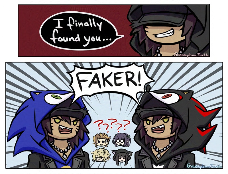 A digital comic of Sho Minamimoto from NEO: The World Ends With You, meeting another version of himself. The team's Minamimoto says, "I finally found you..." and reveals he is wearing a Shadow the Hedgehog hoodie under his coat. Then he and the other Minamimoto say at the same time "FAKER!" The other Minamimoto is wearing a Sonic the Hedgehog hoodie. From a distance, a confused Fret, Nagi, Rindo and Shoka watch the two Minamimotos.