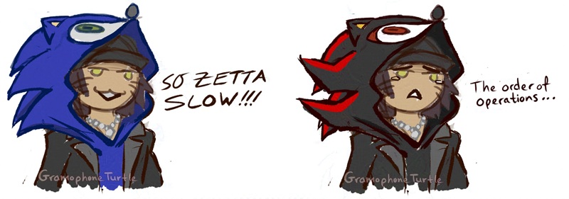 Two doodles of Sho Minamimoto from NEO: The World Ends With You, one wearing a Sonic the Hedgehog hoodie and the other wearing a Shadow the Hedgehog hoodie. The Sonic one says excitedly, "SO ZETTA SLOW!" and the Shadow one says sadly, "The order of operations..."