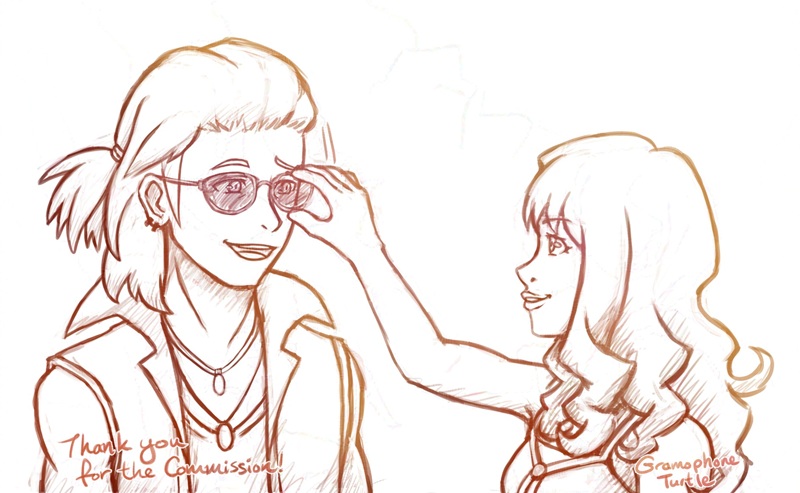 Digital art sketch of Nao pulling down Sota's sunglasses, causing him to laugh, from The World Ends With You. The sketch lines are coloured yellow, orange and red.