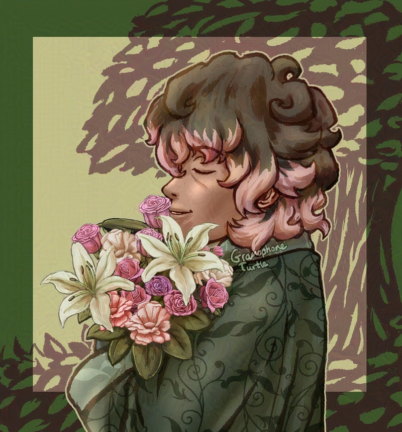 Digital art of my original character, called Null, holding a bouquet of flowers containing white lilies, pink roses and Eustoma Russellianum. Their eyes are closed as the hold the bouquet close to their chest and face, enjoying the fragrance. Behind them are stylized bushes and a tree in shades of green.