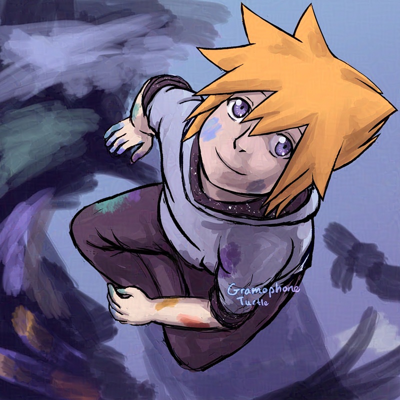 Digital art of Neku Sakuraba from Composer Neku AU in The World Ends With You, sitting crossed legged looking up from a high angle above him. He looks younger than he does in game and the inside of his light blue hoodie has stars against the dark purple lining. He has paints on his hands and clothes, and all along the ground.