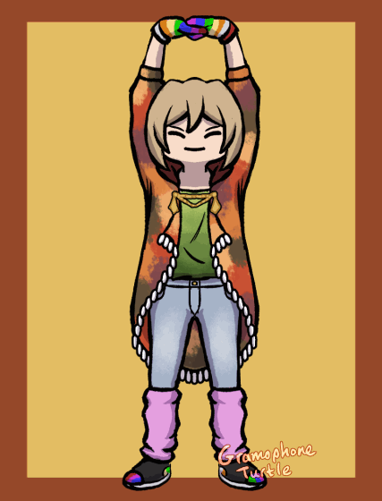 A gif of my OC, Father, standing up with his hands stretched up and locked together held straight over his head. He starts standing straight up, then tilts to his right, then back to center, then to his left, and then loops.