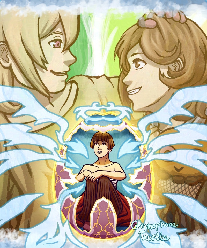 Digital art of a closeup of transgender man during mid transition looking up outside of a cracked transgender flag coloured egg at his feature self looking down at his daughter, Chisa, and they are both happy. His mid transitioned self has cut his natural brown coloured hair short and has his legs drawn up to hide his bound chest. He looks up anxiously with natural brown eyes at a potential future where he can see his daughter again, who accepts and loves him as a father. His future self has long hair once again, but blond, and pink eyes. His rainbow coloured hand is placed on top of Chisa's head as she smiles and holds an orange jellyfish plushie that he made for her, close against her chest.