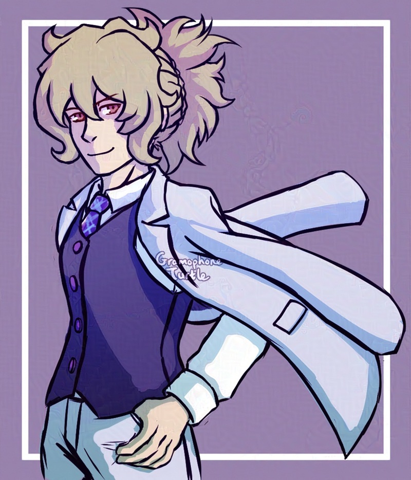 Digital art of my OC Mother standing at a 3/4 angle, smiling and looking up right in purple lighting.