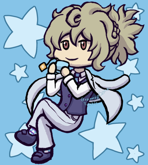 A gif of my OC, Mother, sitting and floating with a cup of tea in her hands. After a pause she lifts the cup to drink the tea and the text "SIP SIP" appears in the top left corner, followed by text appearing in the bottom right corner that says "HYDRATE!".