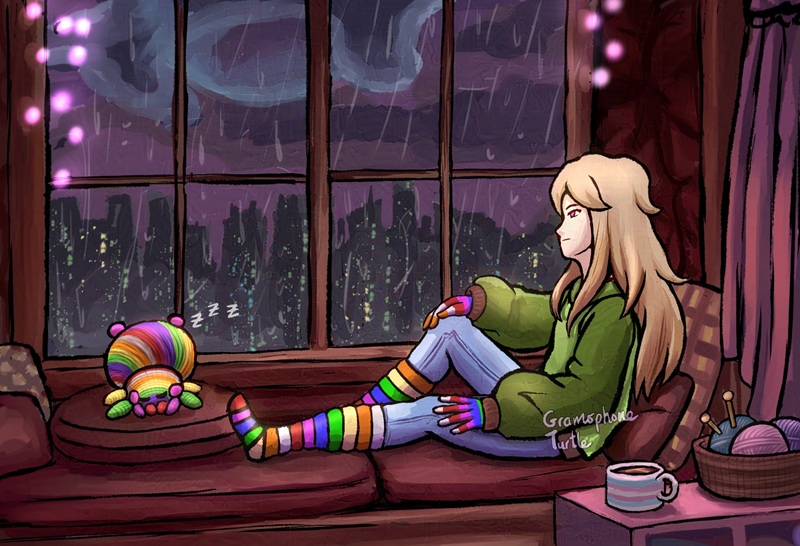 A practice/redraw of a screenshot from Spirit City with the avatar looking like my OC, Father, but he has his odd rainbow  coloured gloves and socks on. He's sitting by the bay window, looking outside at the rainy night city with his rainbow arachknit asleep next to him who also has their rainbow changed to match Father's odd rainbow pattern.