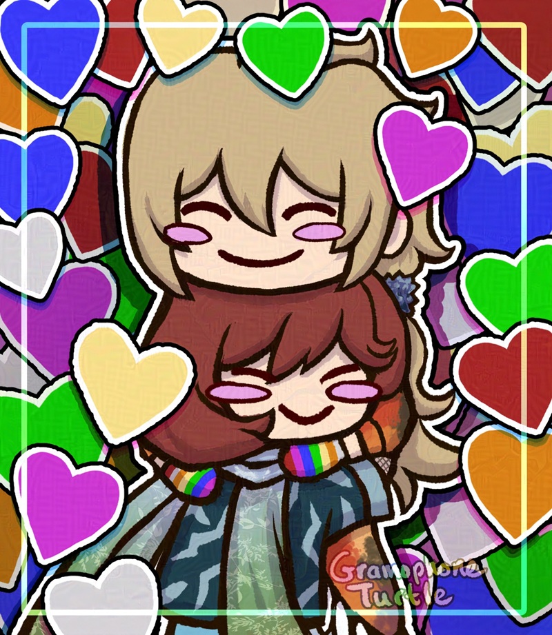 Digital chibi art of my two OCs, Father and Chisa, hugging. There are many hearts surrounding them in red, purple, blue, green, yellow, orange and grey.