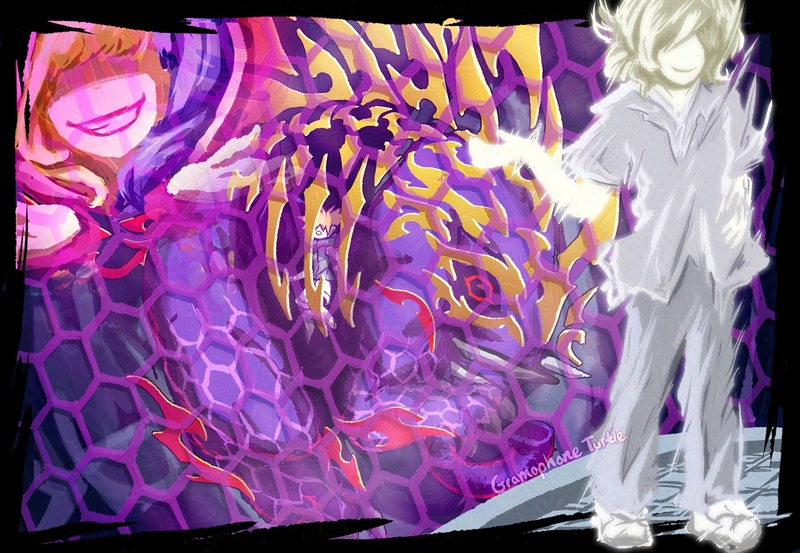 Digital art from The World Ends With You: A New Day, where Neku being trapped inside Coco's Dissonance Tapir, looking out and up at a glowing Joshua. Overlaid on the Tapir is Coco smiling wide and smugly with her hands raised up like "whatever". Joshua is facing away from the Tapir and Neku, with one hand raised casually as if he is handing Neku off to Coco.