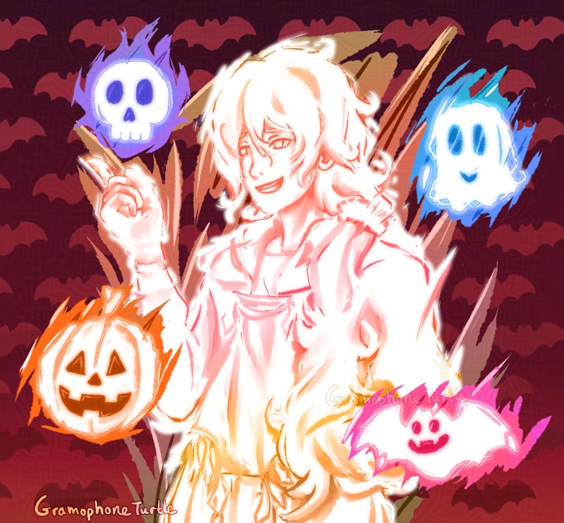 Digital art of my OC, Father, in a glowing spirit like form. He's got one hand raised up and the other is in his coat pocket. He has a red/orange gradient over top and is surrounded by four spirit friends - a purple skull, a blue ghost, an orange pumpkin and a red-pink bat.