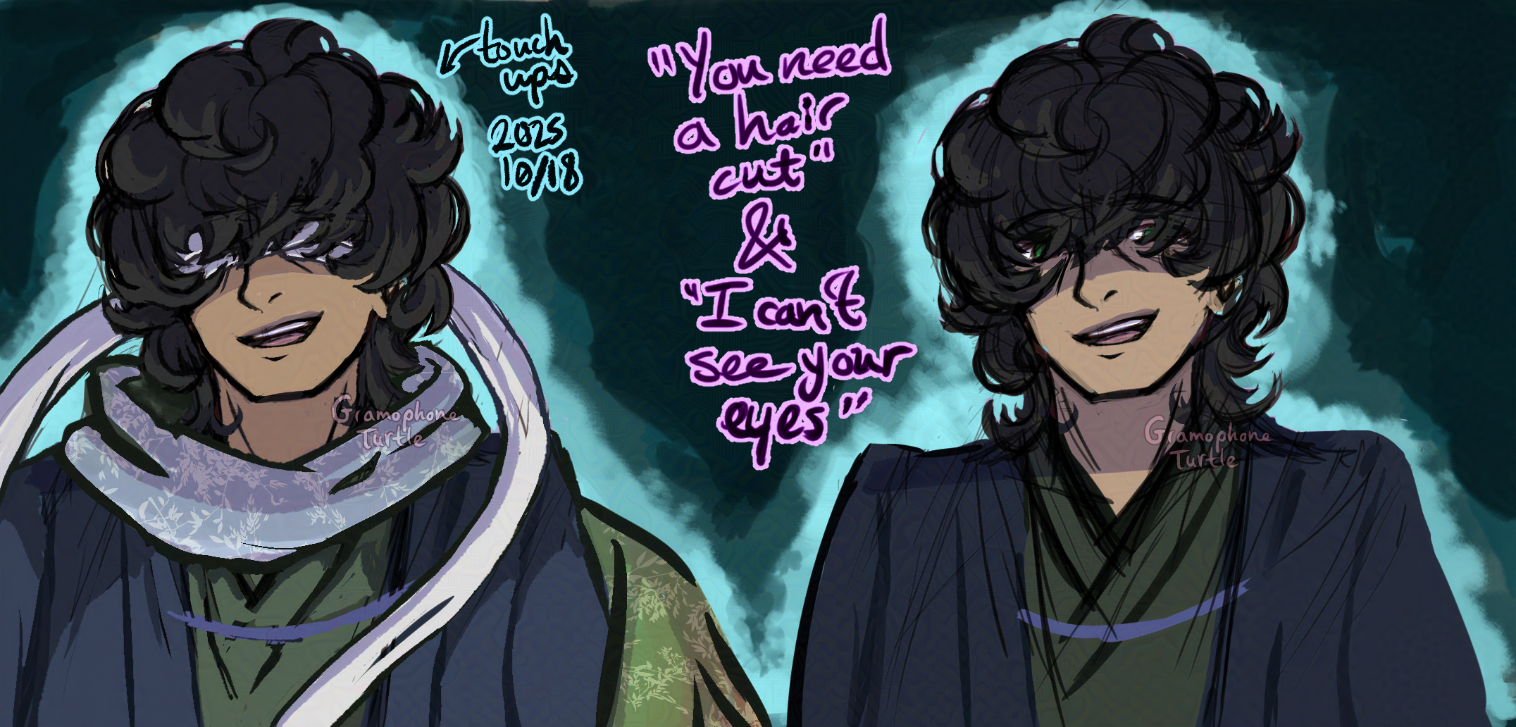 Isolated drawings of past Composer Null, wearing their head bandages and scarf on the left, and without them on the right. By the left Null it says "touch ups 2025 10/18". The text between the two Nulls says: "You need a hair cut" & "I can't see your eyes".