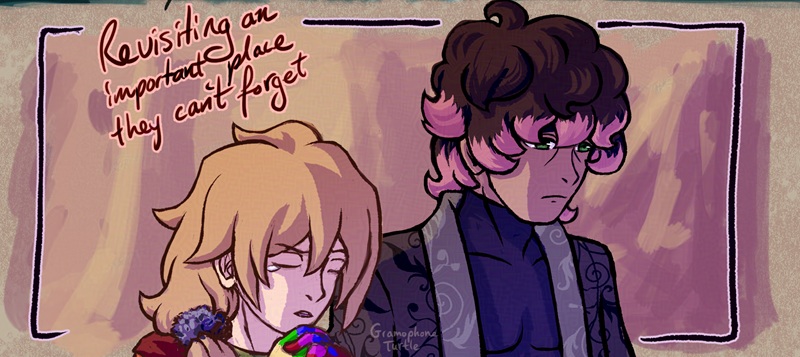 Isolated drawing from the Null doodles showing present day Father with his hands clasped, eyes closed, and tears forming as he says some words of remembrance. Null looks down sadly in the same direction Father is looking. above Father's head, it says "Revisiting one important place they can't forget".