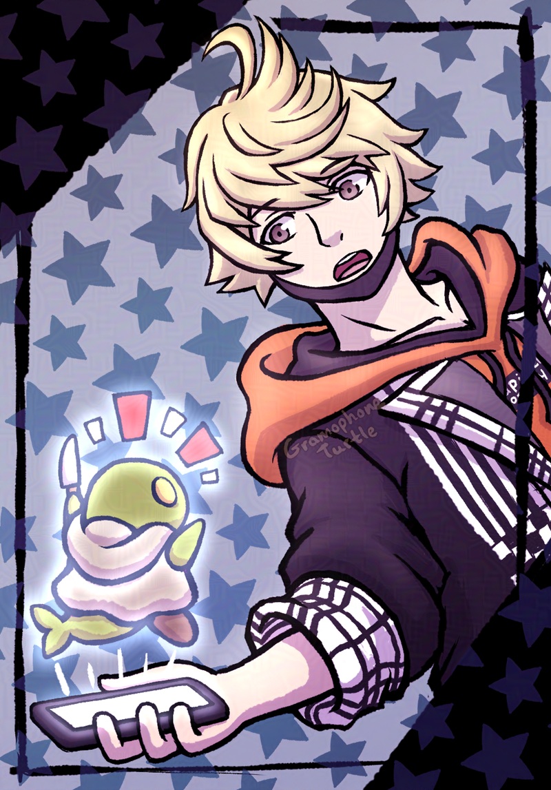 Digital art of Rindo Kanade from NEO The World Ends With You. He's looking down in shock at his black cell phone where a FanGo creature looking like a Tonberry from the Final Fantasy series.