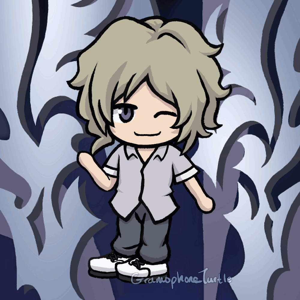 Gif of chibi Joshua from The World Ends With You, waving and winking with an abstract background behind him.