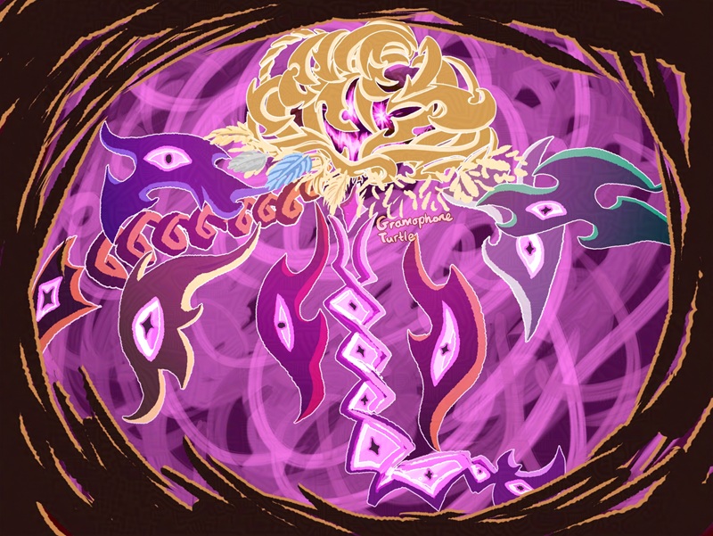 Digital art of an abstract jellyfish. Inside the jellyfish head, there are glowing pink eyes and mouth. The head is made of layered yellow curly pieces, and the tentacles are coloured blue, orange, yellow, red, white, purple and green, all with pink cut outs for eye shapes. The background is a chaotic swirl of pinks, with a dark swirling border surrounding the jellyfish.