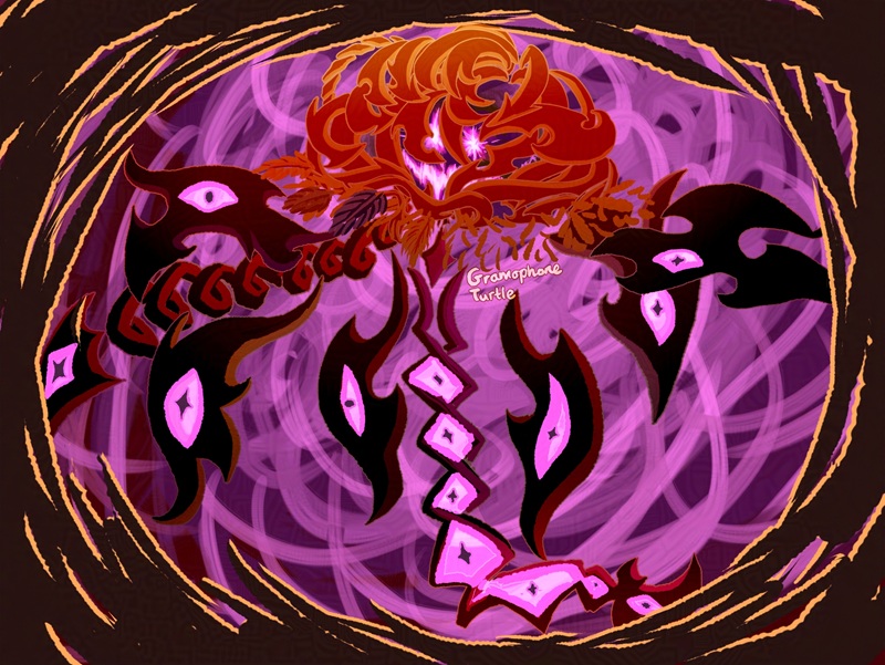 Digital art of the same jellyfish, but the whole body and tentacles are a dark shade of orange to red. The edges of the border have a brighter orange colour to them.