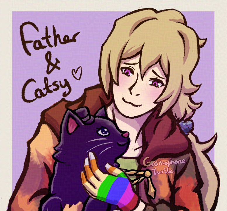 Digital art of Father holding Catsy and giving Catsy chin scratches. Father belongs to GramophoneTurtle and Catsy belongs to ClancyBee. The text says "Father & Catsy" with a heart.