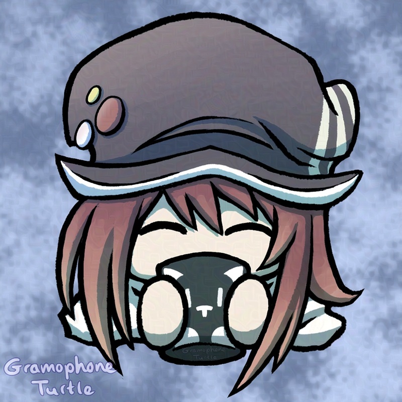 Digital art of Shiki Misaki from The World Ends With You. She drinks from a Mr. Mew themed mug on a light blue/purple and white textured background.