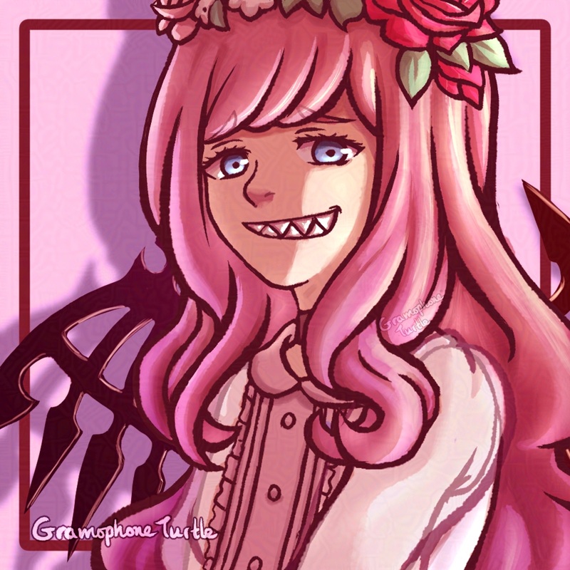 Digital art of Coco Atarashi from NEO The World Ends With You. She's looking down at the viewer with a pointy teeth smile.