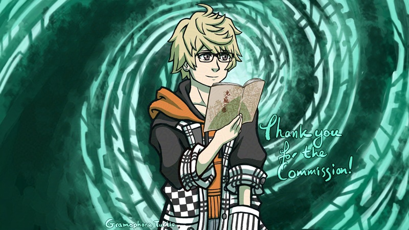 Digital art of Rindo from NEO The World Ends With You holding a book titled "光と風と夢" translated to "Light, Wind and Dreams" in English in the Replay void. Rindo holds the open book in his right hand, with his other hand in his coat pocket. He is wearing black rectangle-frame glasses instead of his usual black mask. The green spiraling Replay void background is done in a paintery style and a little simplified than how it appears in game. It says "Thank You for the Commission!" and is signed by "Gramophone Turtle".