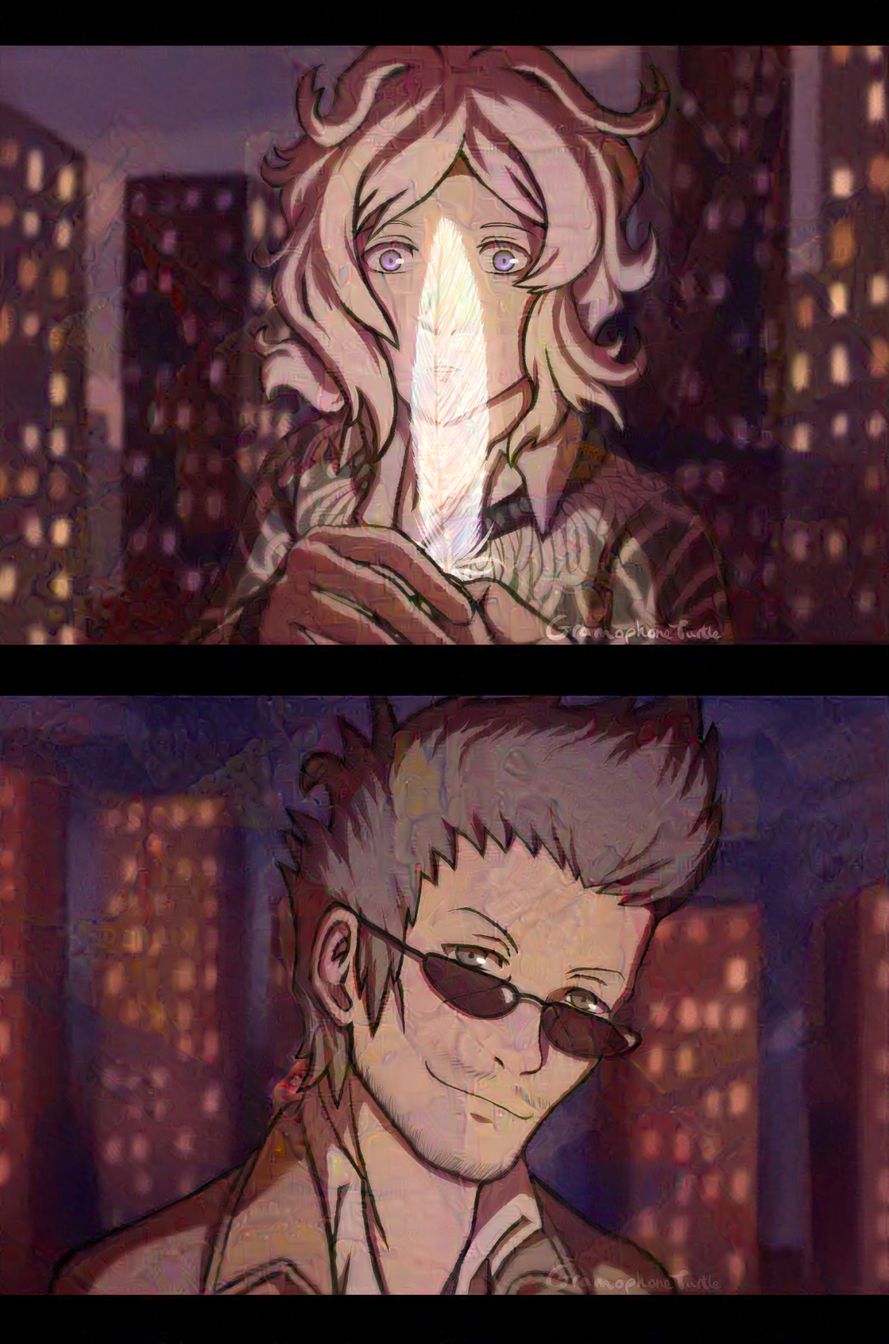 Art of Yoshiya Joshua Kiryu and Sanae Hanekoma from The World Ends With You. Joshua is handed a glowing. semi-transparent feather, who is wearing a spider lily jacket. Joshua is surprised as he accepts it. Hanekoma is wearing a light tan jacket and is smiling warmly.