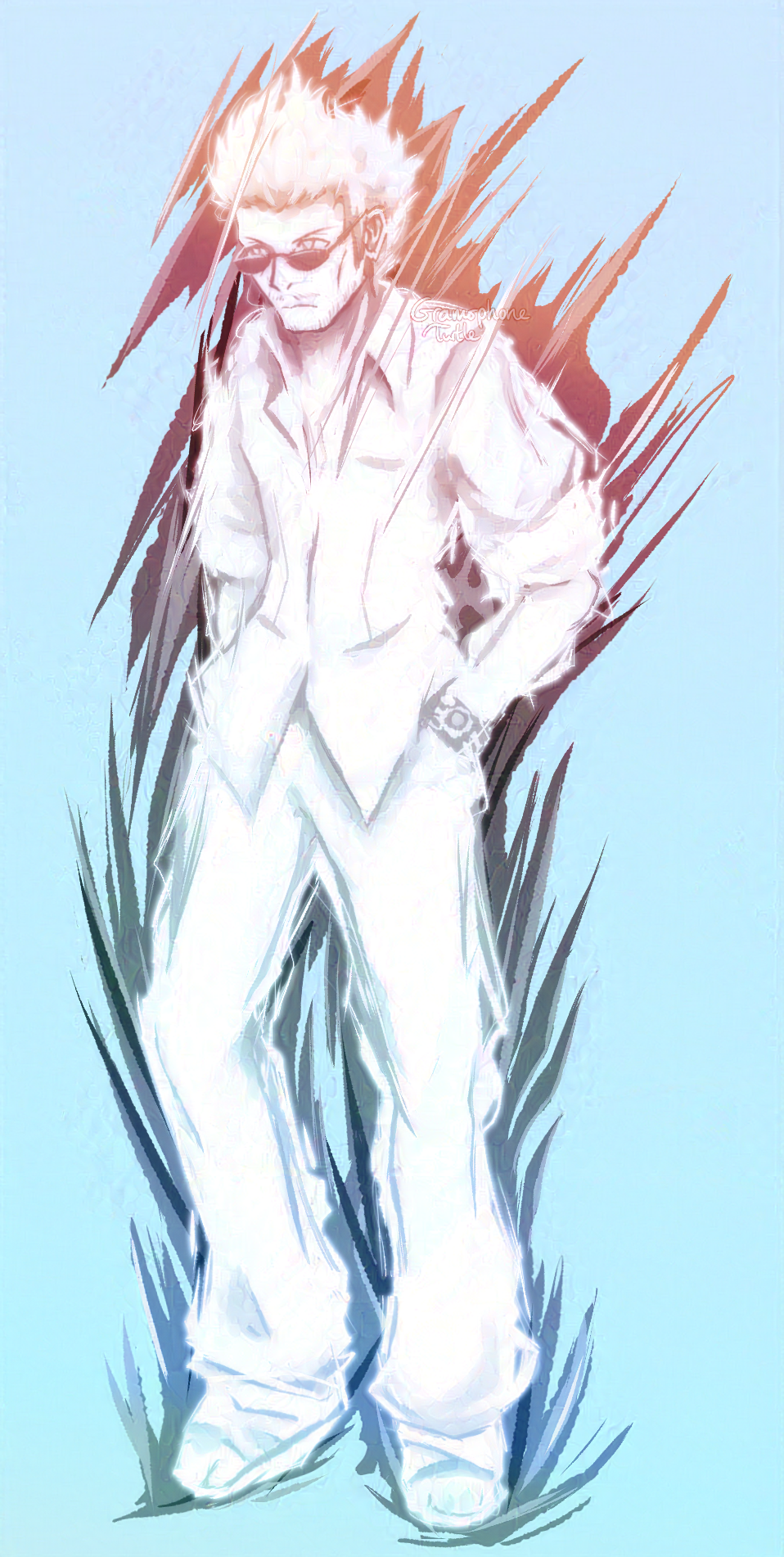 Art of Sanae Hanekoma from the World Ends With You. A glowing man in a glowing form like the Composer. From top to his waist he has a gradient over him from orange to red to purple. From waist to feet it goes from grape purple, green, blue, green/teal. A clear blue day sky is the background.