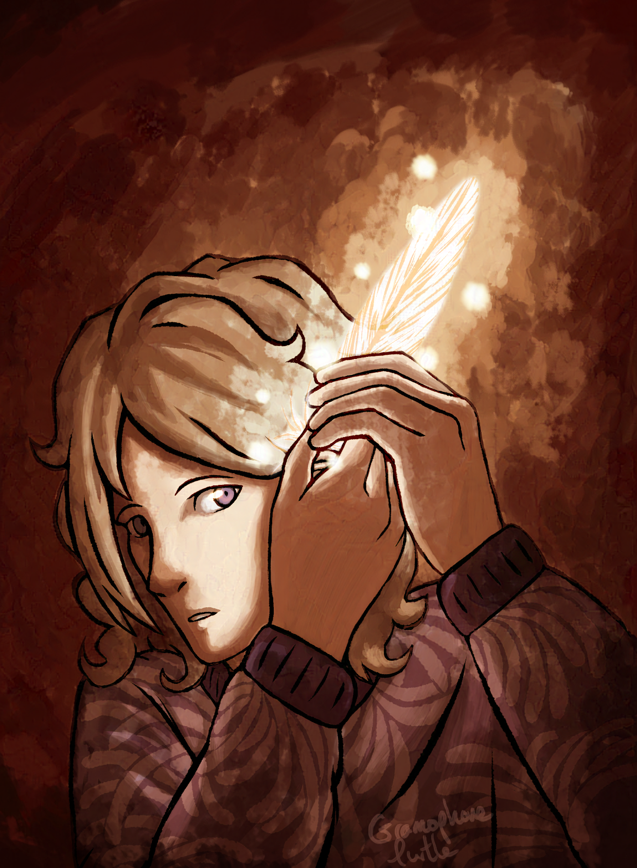 Art of Yoshiya Joshua Kiryu from The World Ends With You putting an angel feather in his hair. The feather is glowing. Joshua is wearing a spider lily patterned jacket.