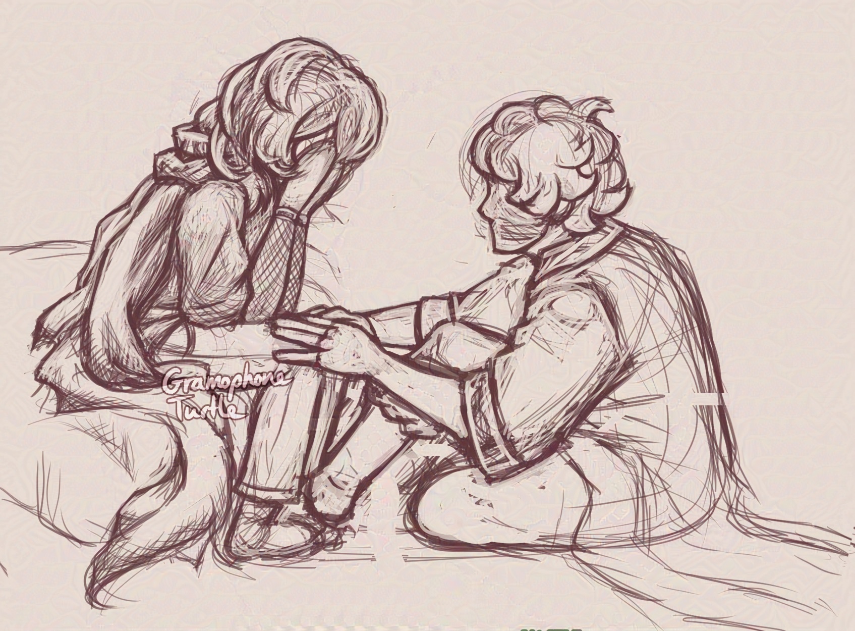 Digital art of a sketch of Chisa crying into her hands, upset. Null sits on the ground, hands on her knees, to comfort her.