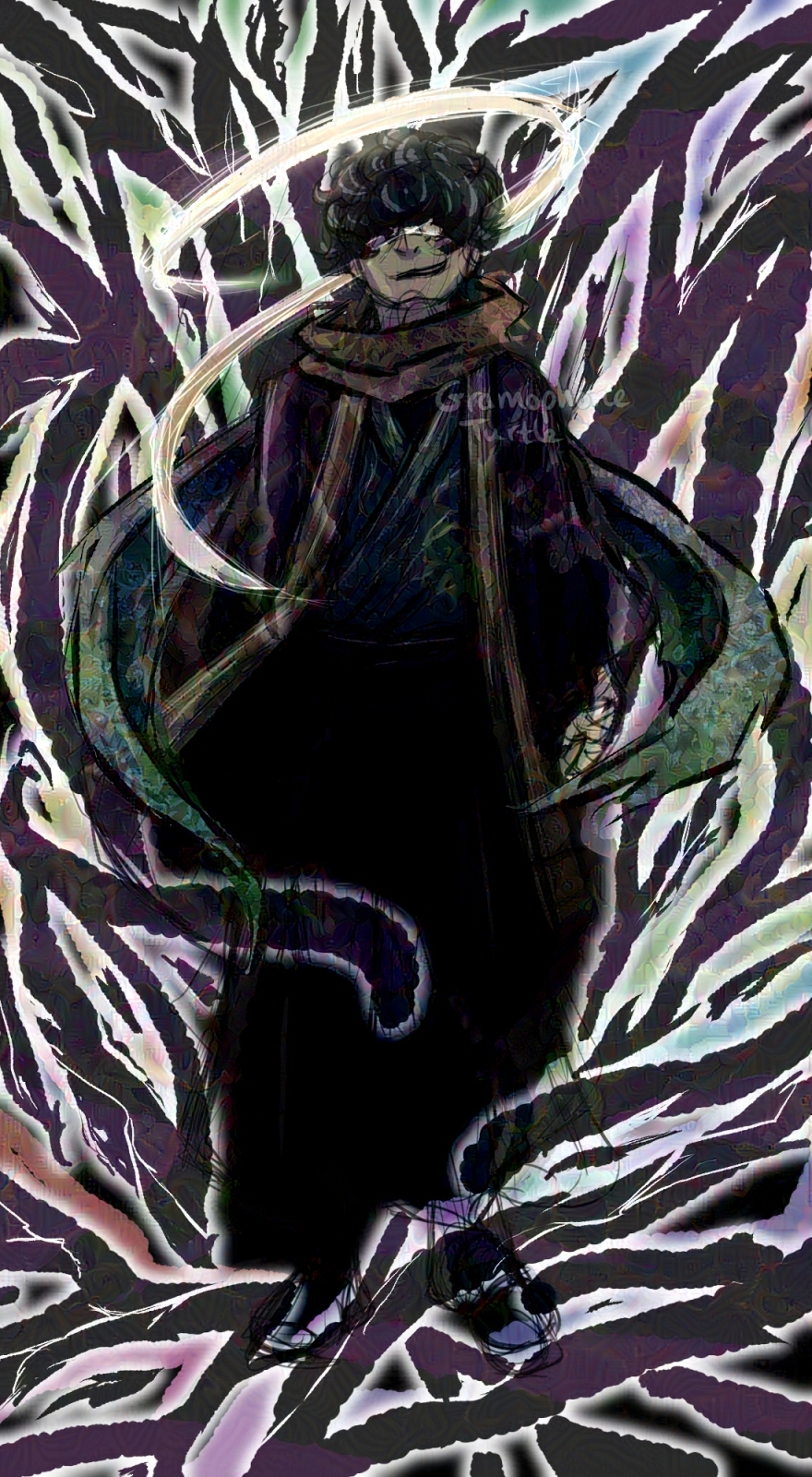 Art of grinning masculine looking figure with glowing bandages swirl above their head like a halo. There are black and purple branching lines surrounding them, glowing white with a pale rainbow showing behind them.