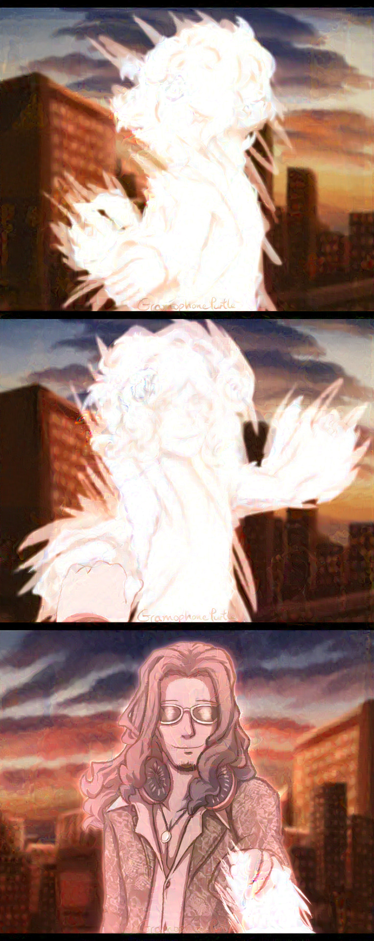 The Composer and Megumi Kitaniji from The World Ends With You. The Composer spreads his arms wide and smiles, taking in the city. He turns towards Kitaniji and holds out a hand to him. Kitaniji takes the Composer's hand and glows.