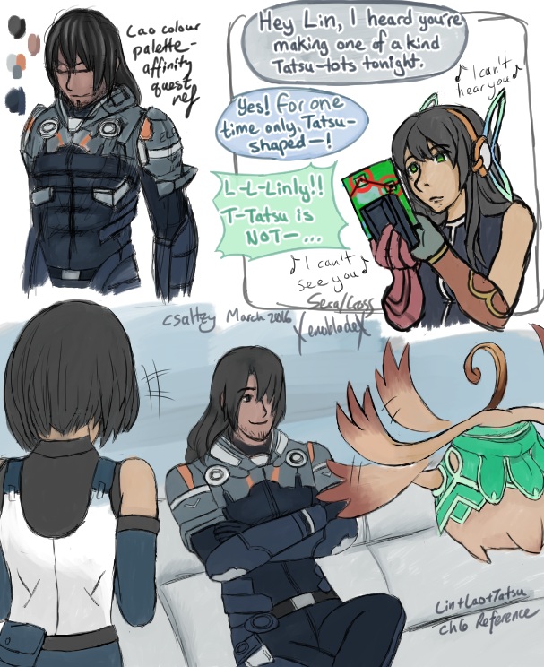 Top left: Doodle of Lao with "Lao colour palette - affinity quest ref".
Top right: Doodle of Sera messing with FrontierNav on her comm device. She overhears Lao saying "Hey Lin, I heard you're making one a of kind Tatsu-tots tonight."
Lin: "Yes! For one time only, Tatsu-shaped -!"
Tatsu: "L-L-Linly!! T-Tasu is NOT -..."
Sera drowns them out with NLA's day theme: "I can't hear you, I can't see you."

Bottom doodle shows Lin, Lao and Tatsu talking.