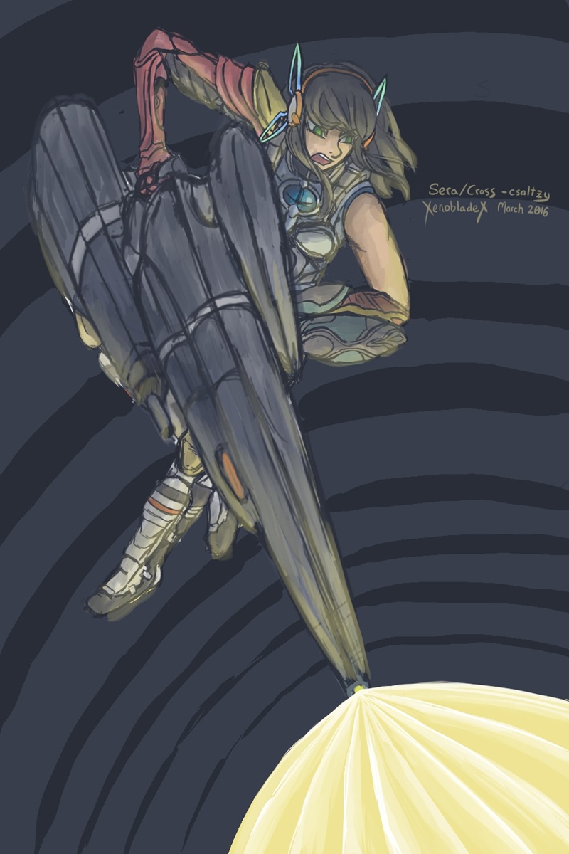 Sera using a raygun in the air and aiming downwards.