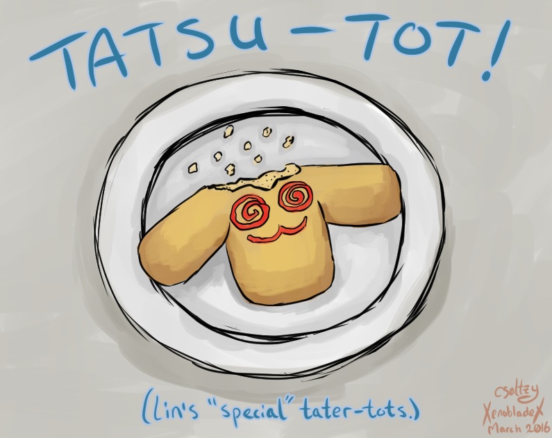 Digital art of a "Tatsu-Tot" - three tater tos stuck together with swirly eyes drawn in ketchup.