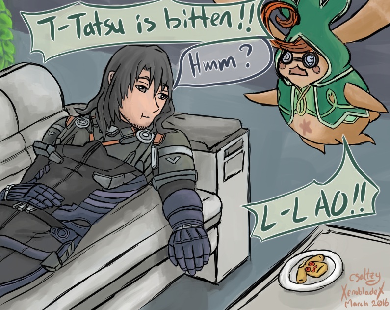 Digital art of Lao Huang laying on a couch and munching on a Tatsu-Tot.
