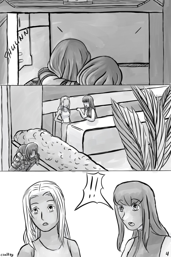 In the BLADE barracks, Elma and Sera are talking and are surprised by Lao's entrance.