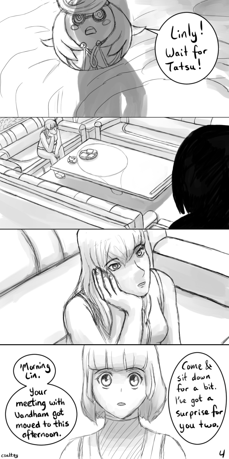 Lin makes her way to the kitchen and sees Sera sitting on a couch. She tell Lin that her meeting has been moved to the afternoon and that she has a surpise for her.