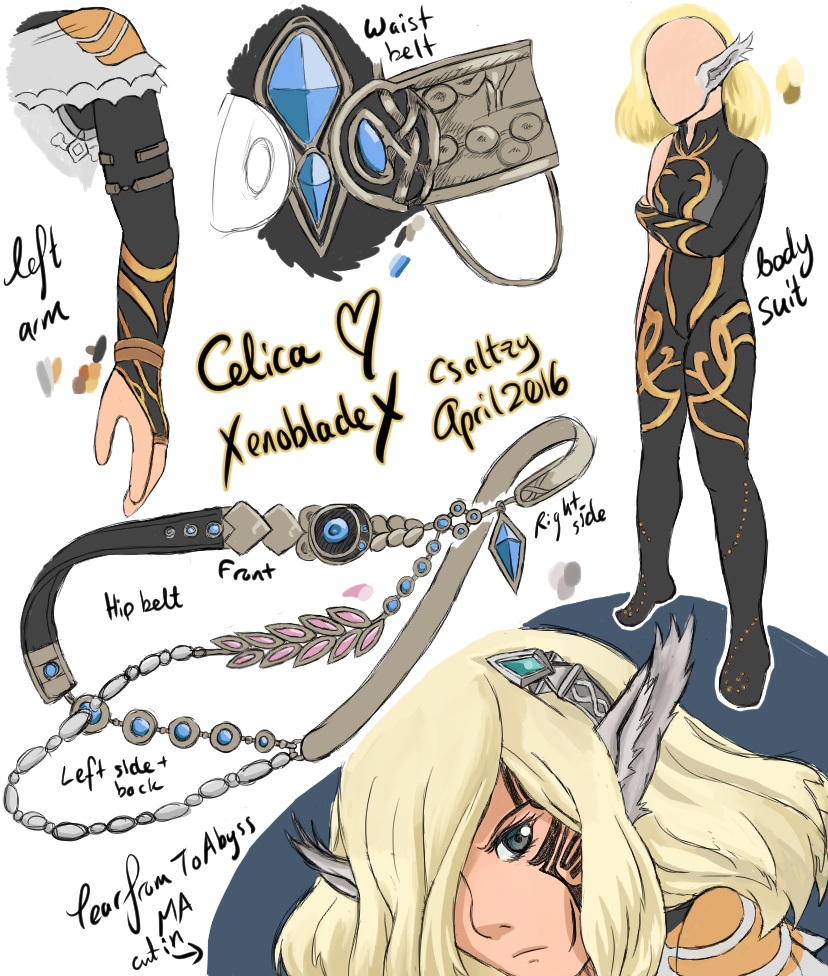 Celica practice drawings focusing on her belts and body suit underneath.