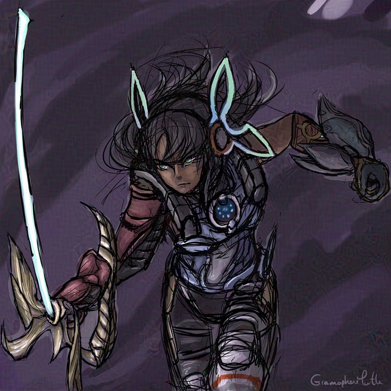 Digital art of a Xenoblade X Cross called Sera, swinging her oddly shaped knife down as she lunges forward.