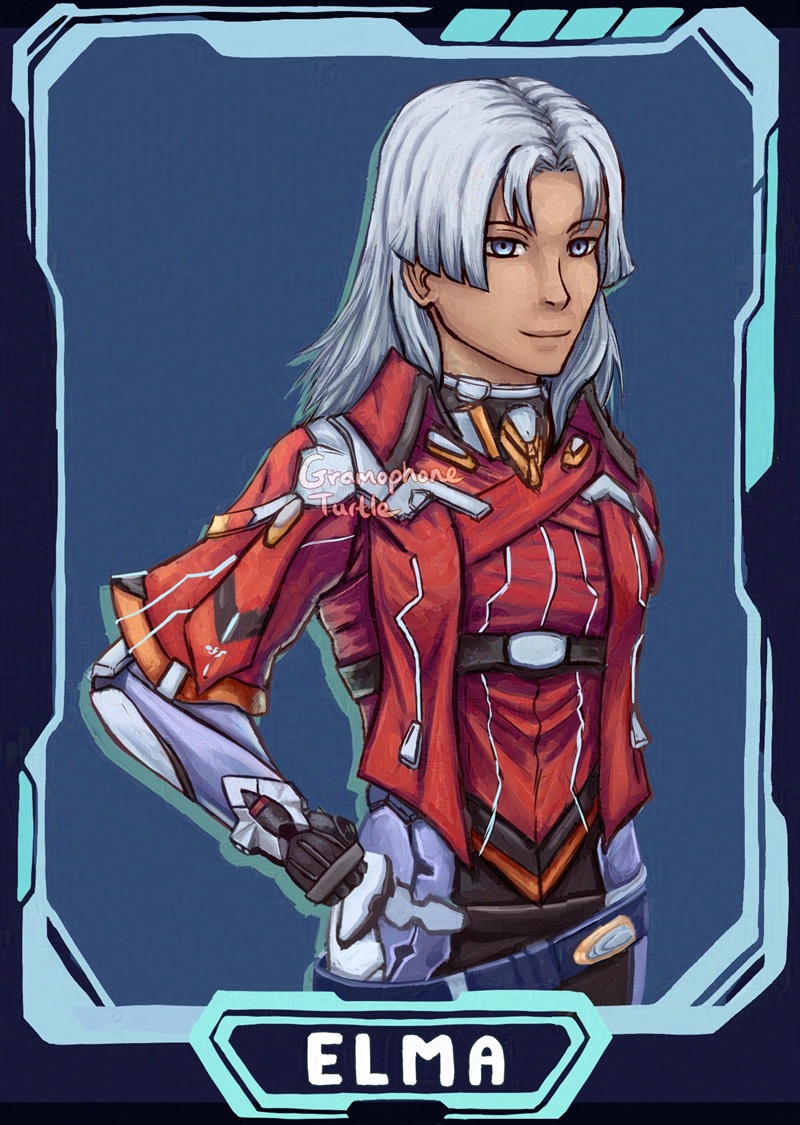 Digital art of Elma from Xenoblade Chronicles X with her hand on her hip. There is an angular light blue and teal border around her, and at the bottom it says "Elma".