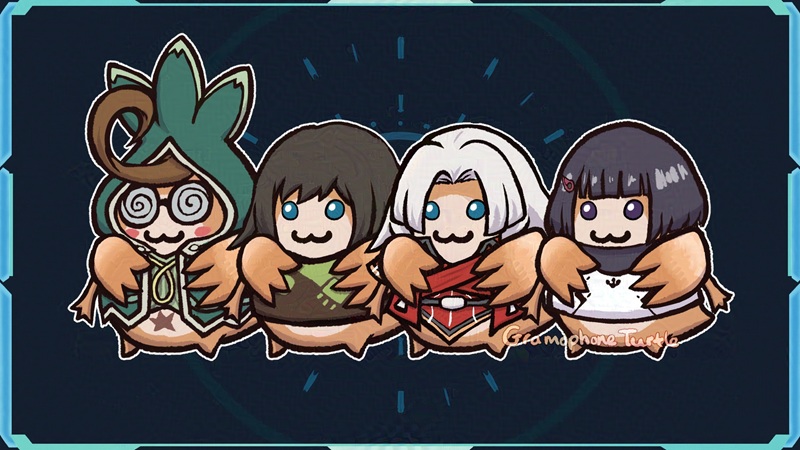 Digital art of four chibi Nopon from Xenoblade X. From left to right, they are dressed as characters from the game: Tatsu, Sera (my avatar/cross), Elma and Lin.
