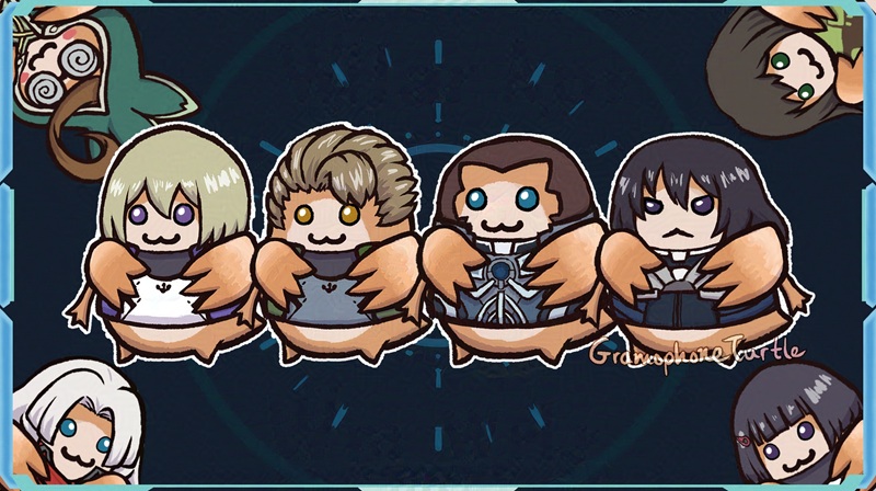 Digital art of four chibi Nopon from Xenoblade X lined up in the center, with another four Nopon surrounding them, one in each corner. From left to right, they are dressed as characters from the game: Irina, Gwin, Doug and Lao. The ones in the corners from top left, left to right, up to down are: Tatsu, my Cross (Sera), Elma and Lin.