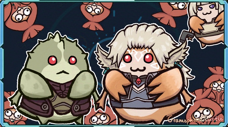 Digital art of many chibi Nopon dressed as characters from Xenoblade X. In the center left there is a Ma-non Nopon with green fur and spikes. Center right is a Neil Nopon. In the top right corner is a Murderess Nopon with a gun. All along the border are many Nopon wearing lobster hoodies.