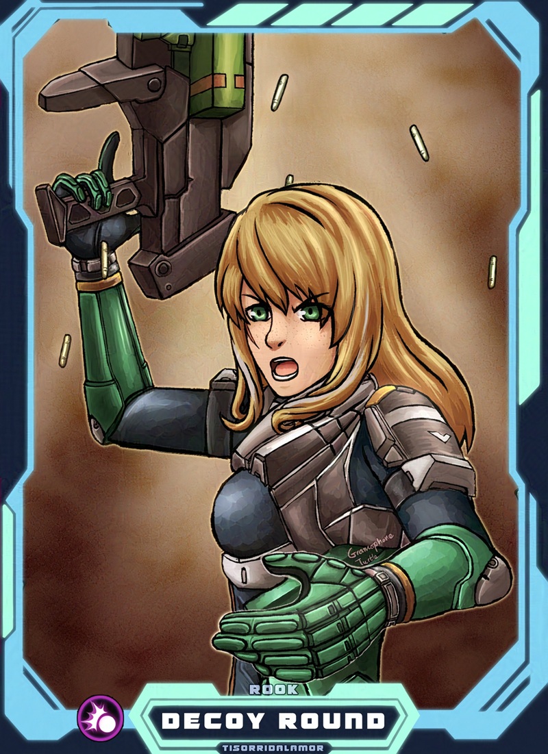 Digital art of a Xenoblade X avatar/Cross called Rook, firing her assault rifle straight up in the air with a light blue and green border. The Art's name "DECOY ROUND" is written in white at the bottom, with "ROOK", the Cross's name, written above and "TISORRIDALAMOR", the Cross's owner, written below.