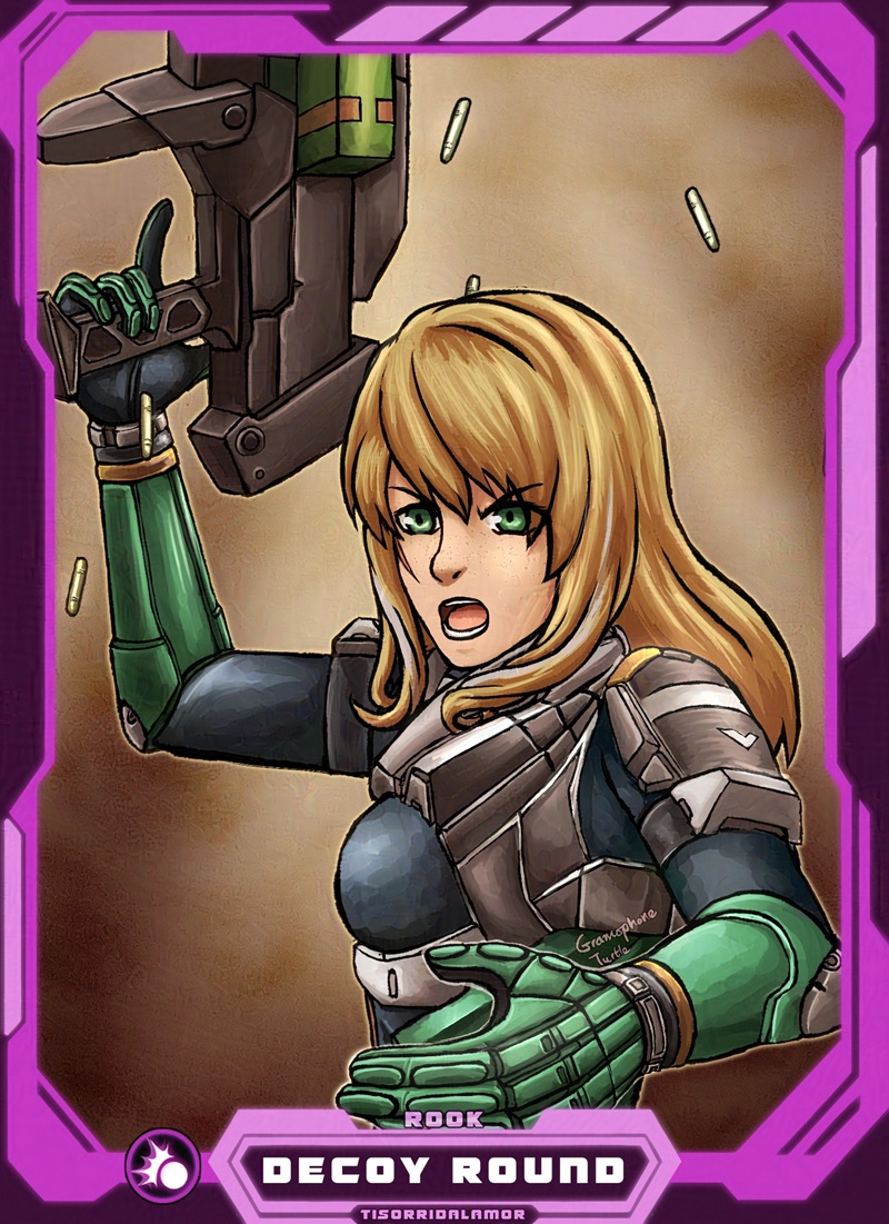 Digital art of a Xenoblade X avatar/Cross called Rook, firing her assault rifle straight up in the air with a purple border. The Art's name "DECOY ROUND" is written in white at the bottom, with "ROOK", the Cross's name, written above and "TISORRIDALAMOR", the Cross's owner, written below