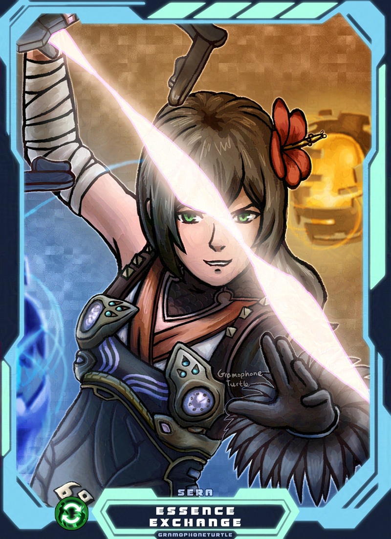 Digital art of a Xenoblade X avatar/Cross called Sera, with a light blue and green border, raising her photon saber above her head with a floating orange orb behind her and a floating blue orb in front. The Art's name "ESSENCE EXCHANGE" is written in white at the bottom, with "SERA", the Cross's name, written above and "GRAMOPHONETURTLE", the Cross's owner, written below.