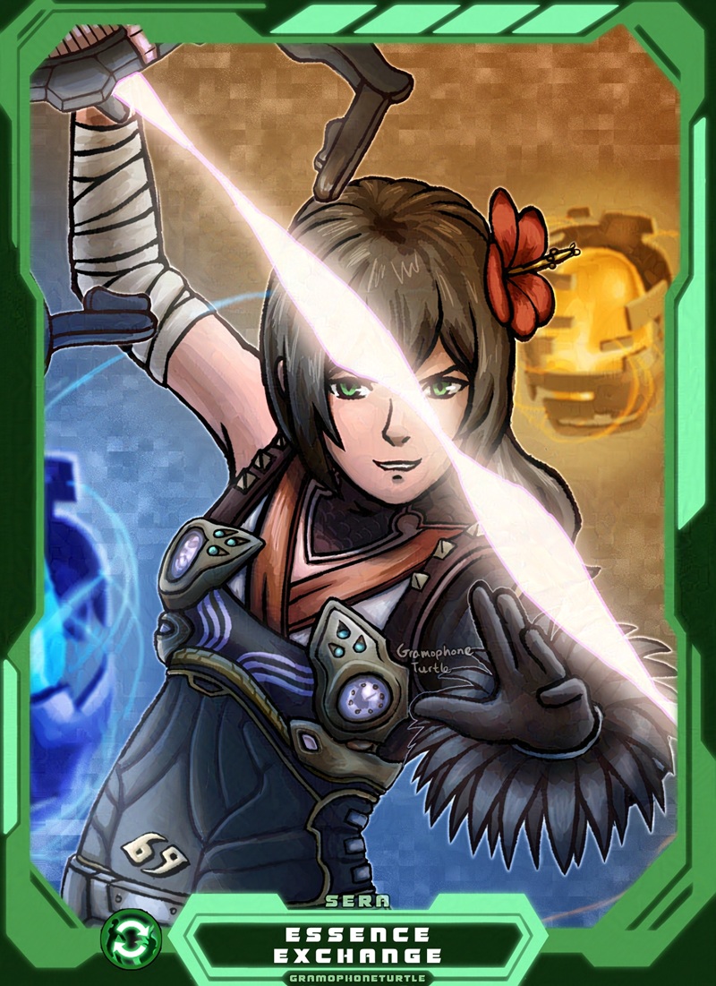 Digital art of a Xenoblade X avatar/Cross called Sera, with a green border, raising her photon saber above her head with a floating orange orb behind her and a floating blue orb in front. The Art's name "ESSENCE EXCHANGE" is written in white at the bottom, with "SERA", the Cross's name, written above and "GRAMOPHONETURTLE", the Cross's owner, written below.