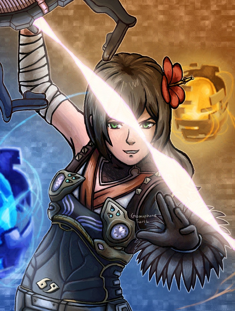 Digital art of a Xenoblade X avatar/Cross called Sera, with no border, raising her photon saber above her head with a floating orange orb behind her and a floating blue orb in front.