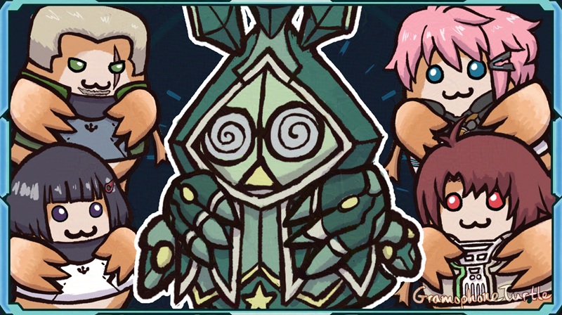 Digital art of many chibi Nopon dressed as characters from Xenoblade X. In the center is a Skell Nopon, then surrounding them are Nopons dressed like Frye, Lin, Liesel and Alexa.