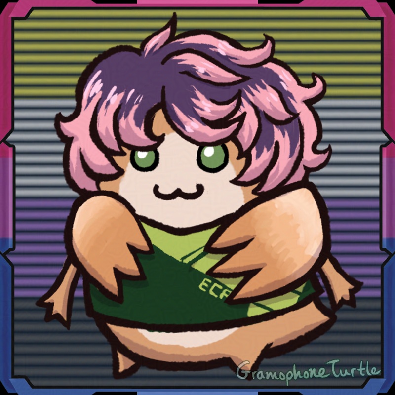 Digital art of a Nopon dressed like my Cross, Nil, from Xenoblade X with curly pink and dark purple hair and a green shirt. The scan lines in the background are the non-binary flag, and the borders are bi flag coloured.